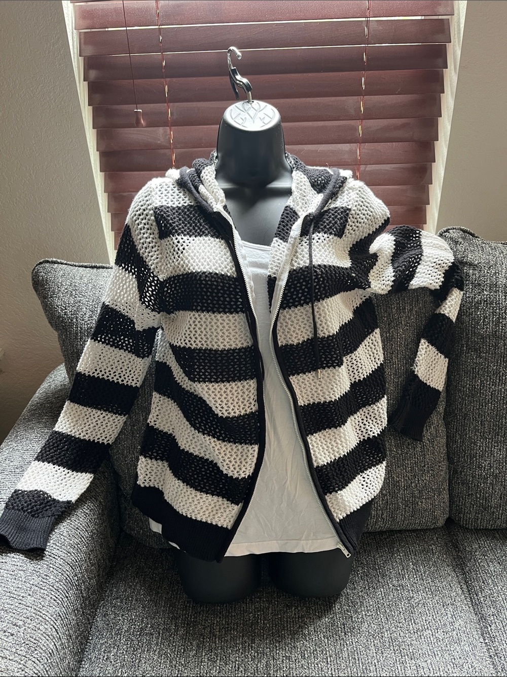 Quacker Factory Striped Black & White Hooded Zip Sweater